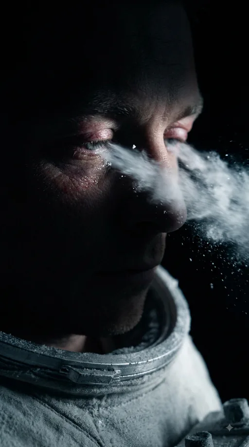 The same face, closer: the eyes reddened and glazed, ice gathering along the lashes, vapour streaming from the nose and mouth across the frame.