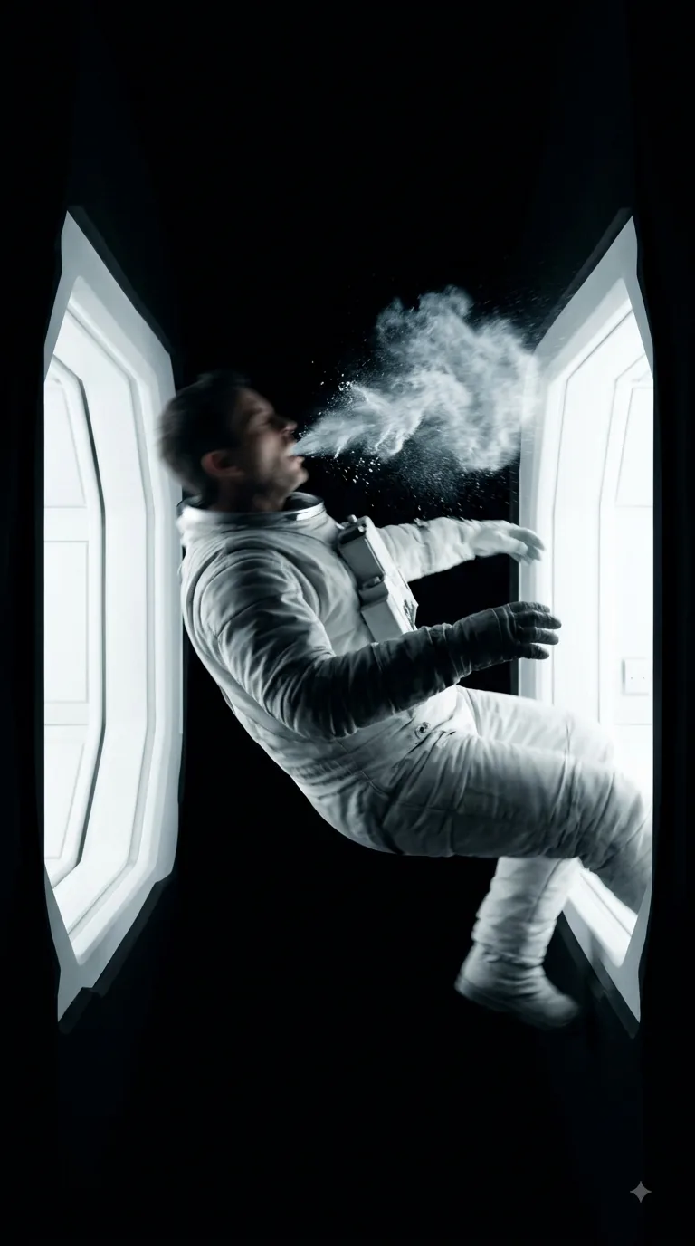 An astronaut spins in the mouth of an airlock, backlit by hard white light, a turbulent cloud of vapour bursting from his mouth and nose. His face is lost in the glare.