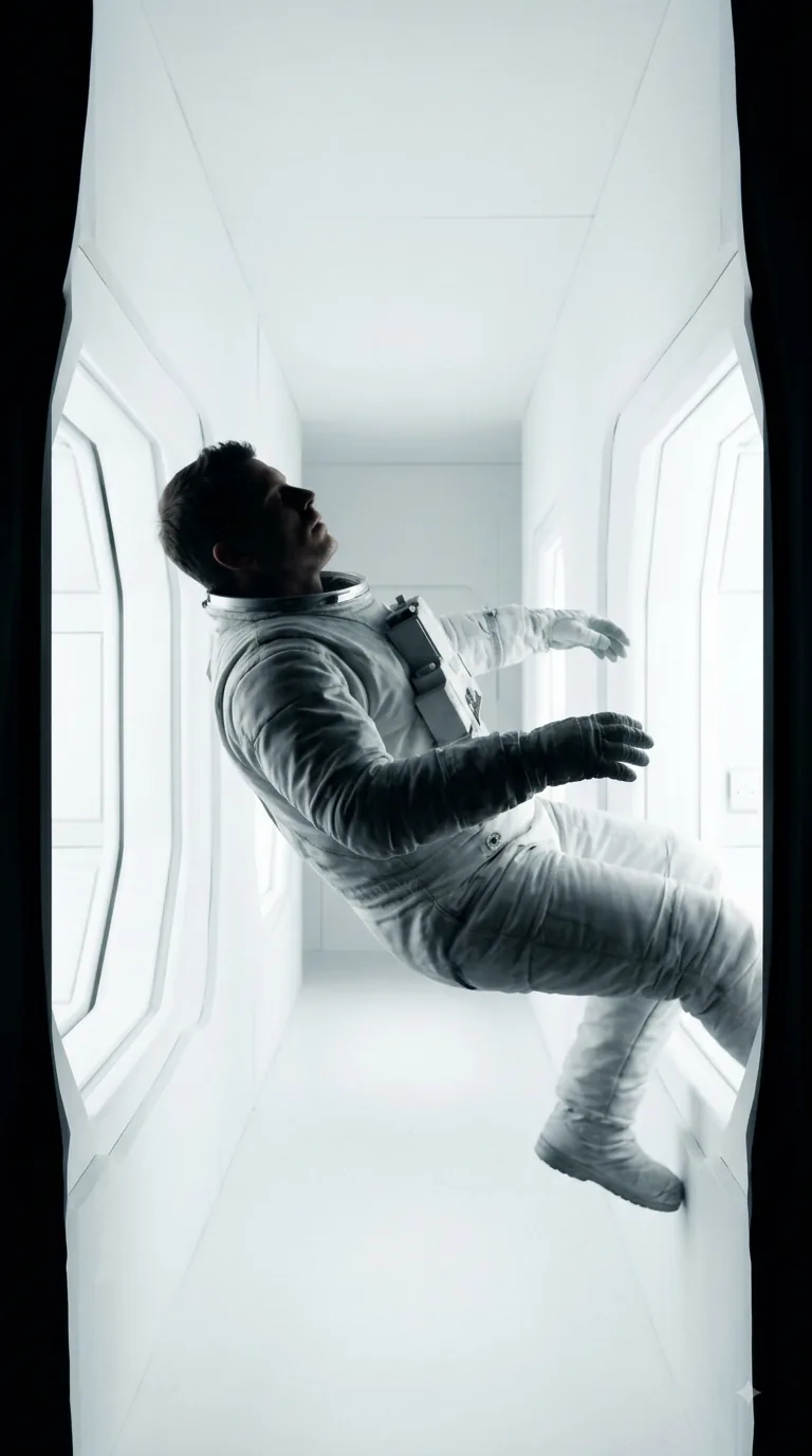 The same astronaut, limp and drifting in a bright white corridor. The vapour has gone. Nothing about his posture is intentional any more.