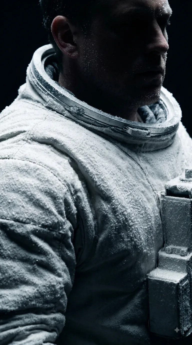 A tight view of the suit's collar ring and shoulder, every surface furred with fine white frost. The face above is a shape in deep shadow.