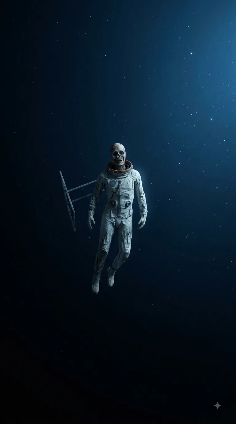 Years later, in deep space lit only by cold blue starlight: the suit is cracked and faded, drawn tight over a shrunken body. Where the face was there is a dark hollow inside the neck ring.